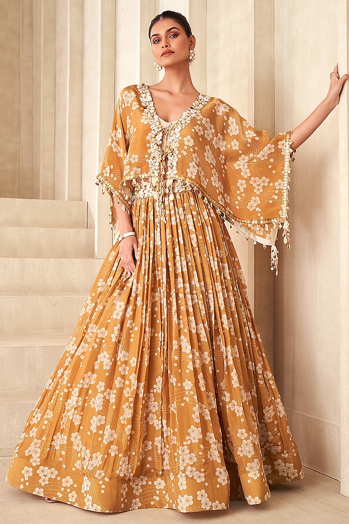 Gold Tissue Organza Printed & Embroidered Lehenga Set by Taavare