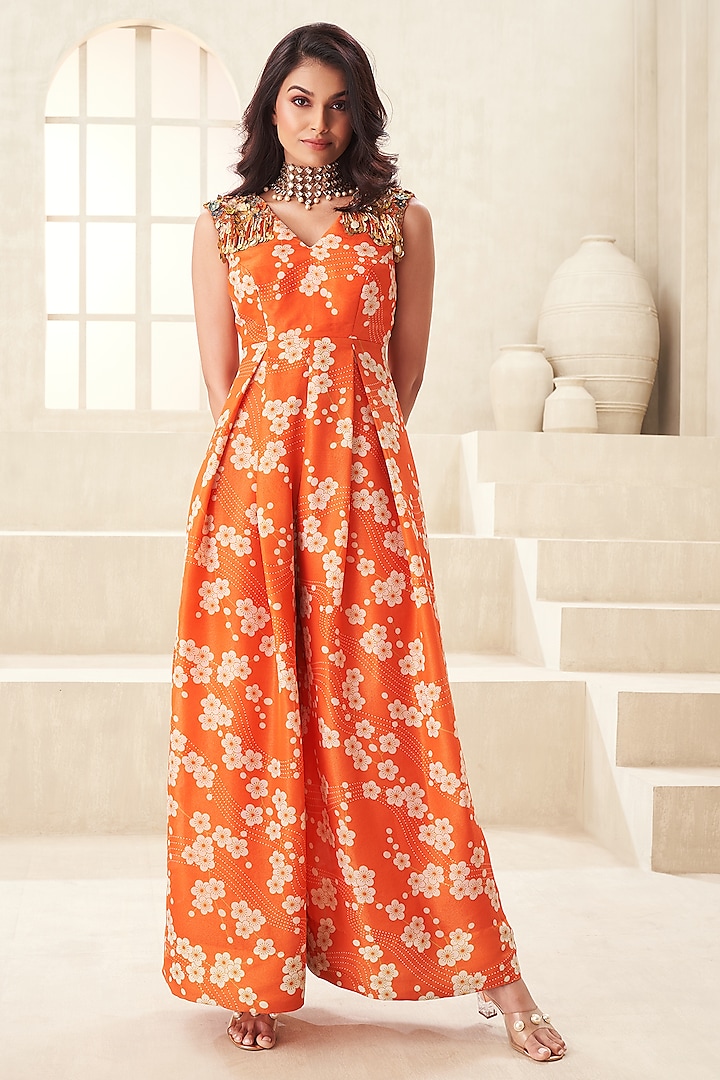 Orange Organza Printed & Embroidered Jumpsuit by Taavare
