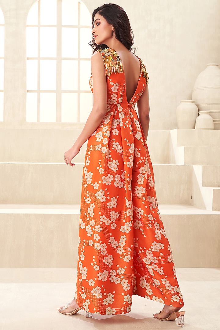 Orange Organza Printed & Embroidered Jumpsuit by Taavare at Pernia's Pop Up Shop