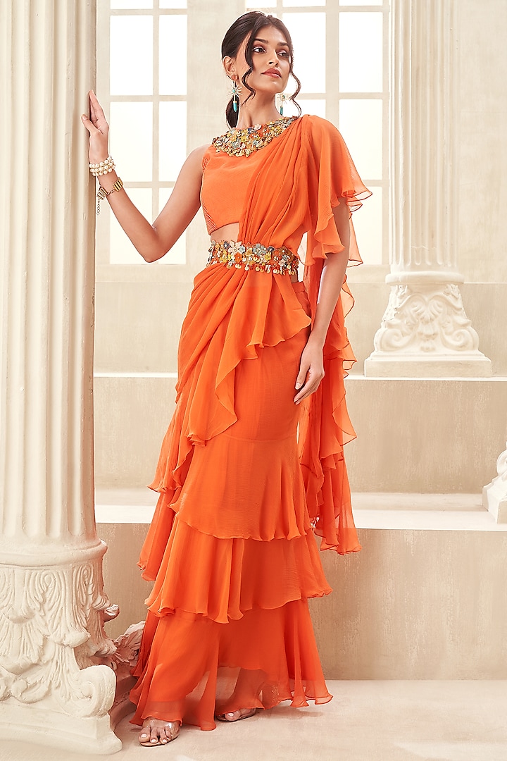 Orange Chiffon Pre-Draped Saree Set by Taavare