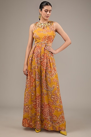 Yellow Viscose Organza Paisley Printed & Aari Hand Embroidered Jumpsuit by Taavare