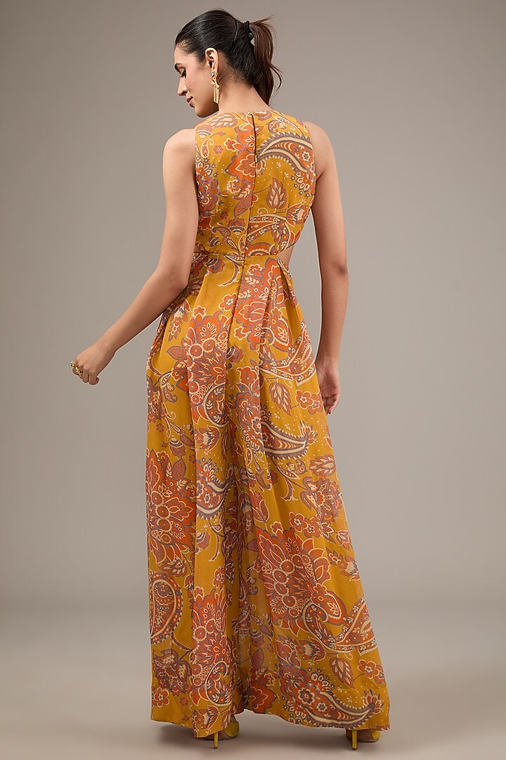 Yellow Viscose Organza Paisley Printed & Aari Hand Embroidered Jumpsuit by Taavare at Pernia's Pop Up Shop