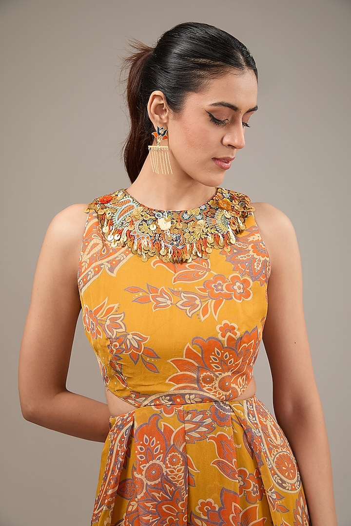 Yellow Viscose Organza Paisley Printed & Aari Hand Embroidered Jumpsuit by Taavare at Pernia's Pop Up Shop