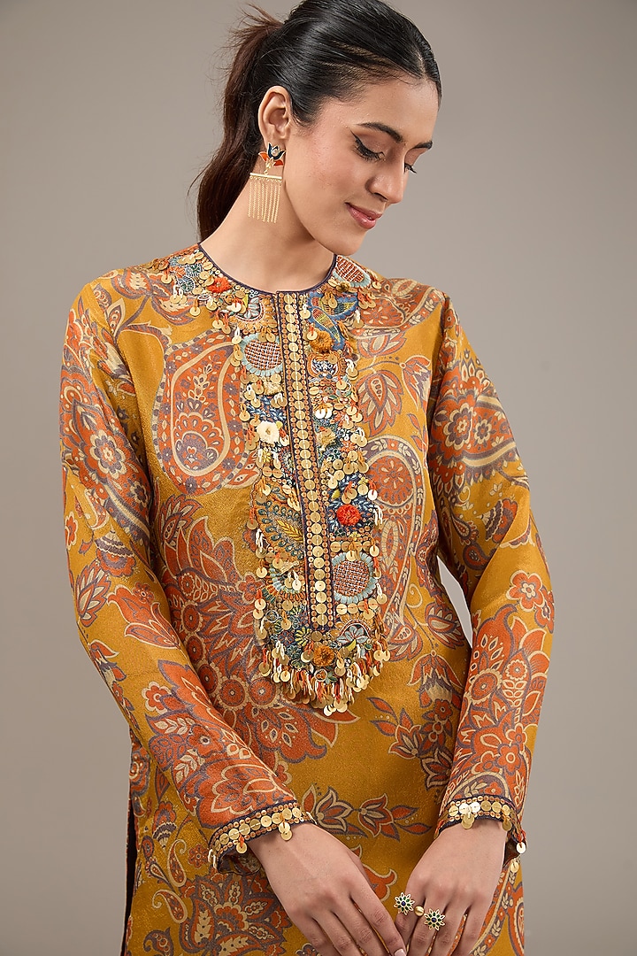 Yellow Tissue Organza Paisley Printed & Aari Hand Embroidered Kurta Set by Taavare at Pernia's Pop Up Shop