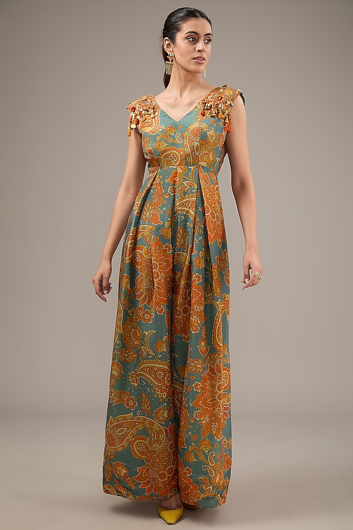 Blue Tissue Organza Paisley Printed & Aari Hand Embroidered Jumpsuit by Taavare
