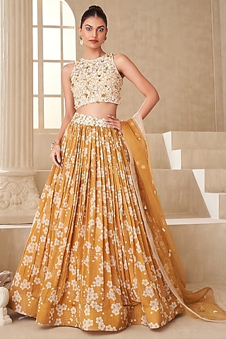 Gold Tissue Organza Printed & Embroidered Lehenga Set by Taavare