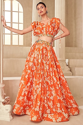 Orange Tissue Organza Printed & Embroidered Lehenga Set by Taavare