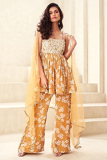 Gold Organza Printed & Embellished Pant Set by Taavare at Pernia's Pop Up Shop