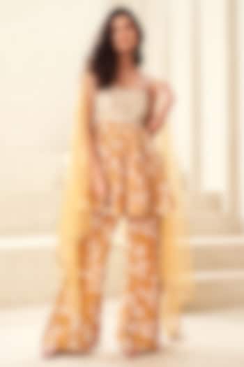 Gold Organza Printed & Embellished Pant Set by Taavare