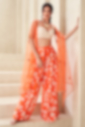 Orange Tulle & Organza Embellished Cape Set by Taavare at Pernia's Pop Up Shop