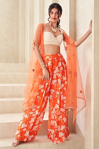 Orange Tulle & Organza Embellished Cape Set by Taavare