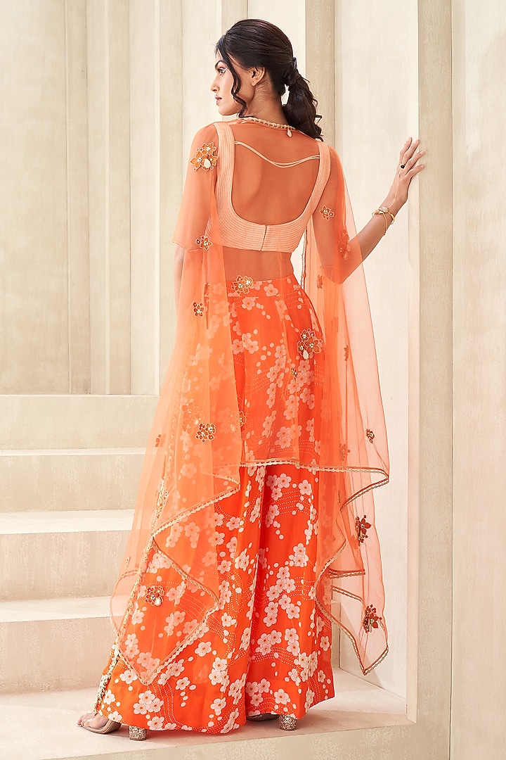 Orange Tulle & Organza Embellished Cape Set by Taavare at Pernia's Pop Up Shop