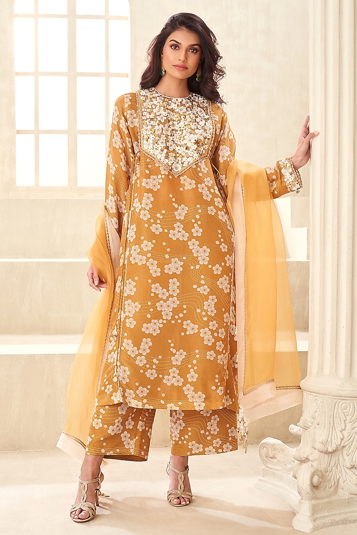 Gold Organza Printed & Embroidered Kurta Set by Taavare