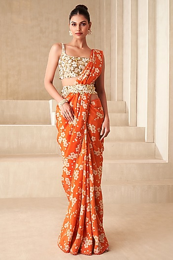 Orange Tissue Organza & Tulle Printed Wedding Saree Set by Taavare at Pernia's Pop Up Shop