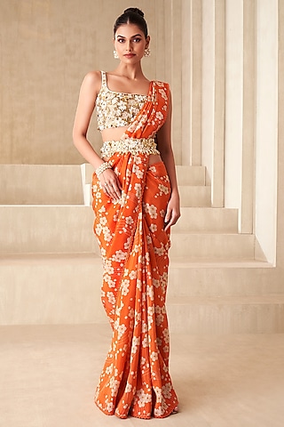 Orange Tissue Organza & Tulle Printed Saree Set by Taavare