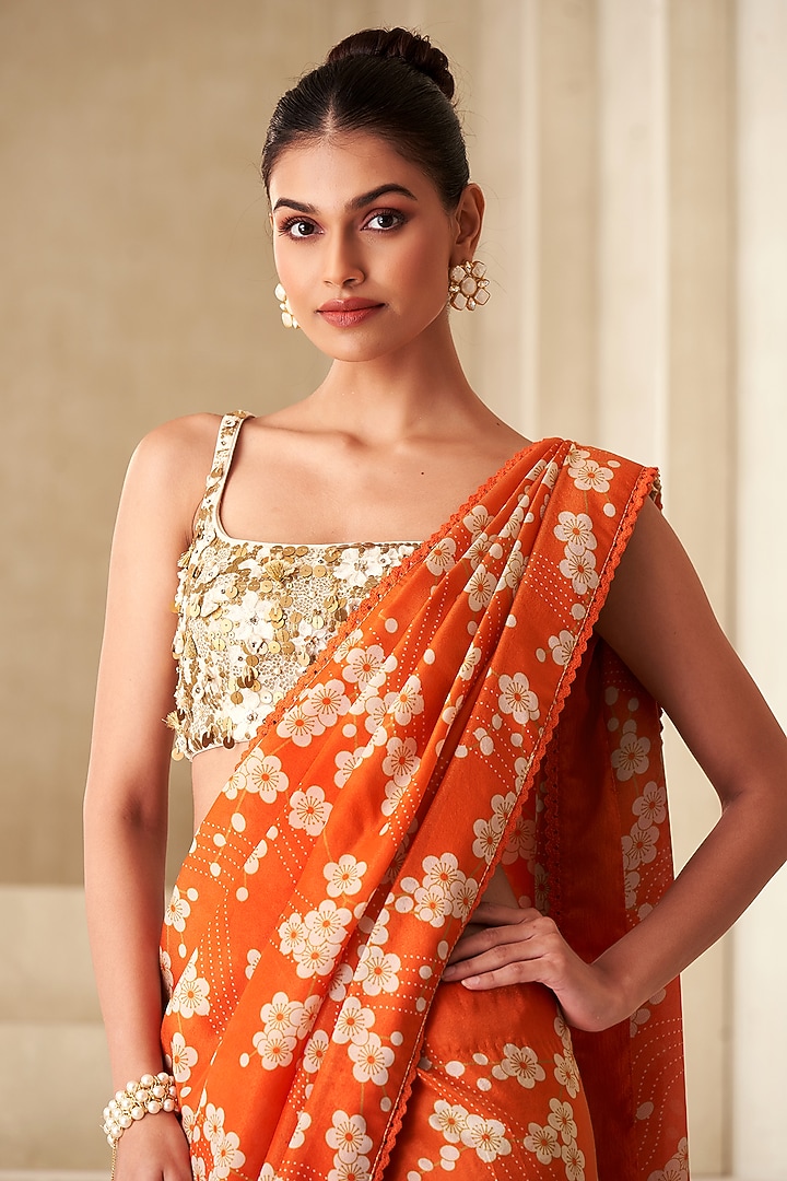 Orange Tissue Organza & Tulle Printed Wedding Saree Set by Taavare at Pernia's Pop Up Shop