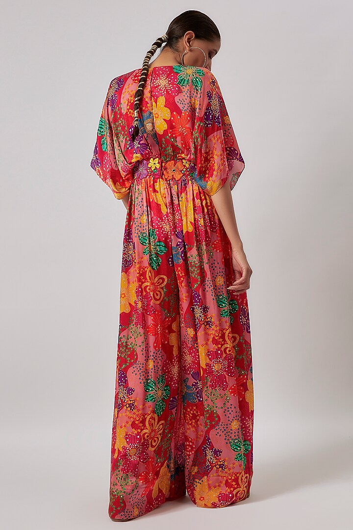 Red Satin Georgette Printed & Hand Embroidered Jumpsuit by Taavare at Pernia's Pop Up Shop