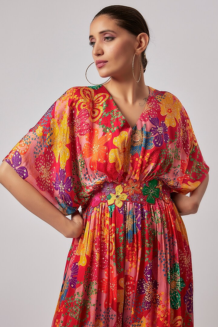 Red Satin Georgette Printed & Hand Embroidered Jumpsuit by Taavare at Pernia's Pop Up Shop