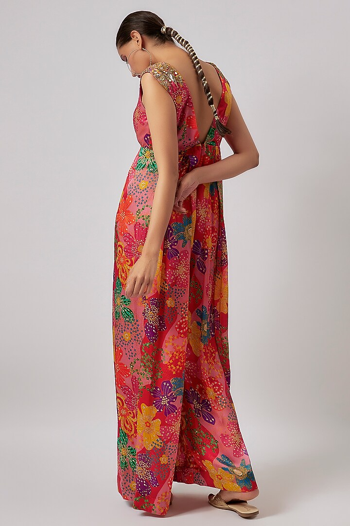 Red Satin Georgette Printed & Hand Embroidered Jumpsuit by Taavare at Pernia's Pop Up Shop