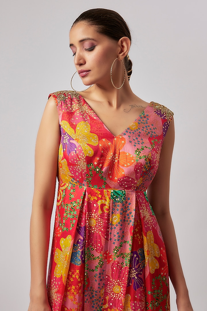 Red Satin Georgette Printed & Hand Embroidered Jumpsuit by Taavare at Pernia's Pop Up Shop
