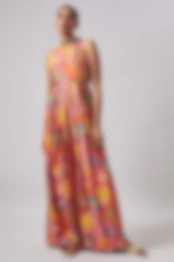 Red Raw Silk Printed & Hand Embroidered Jumpsuit by Taavare