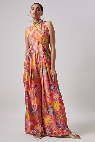 Red Raw Silk Printed & Hand Embroidered Jumpsuit by Taavare