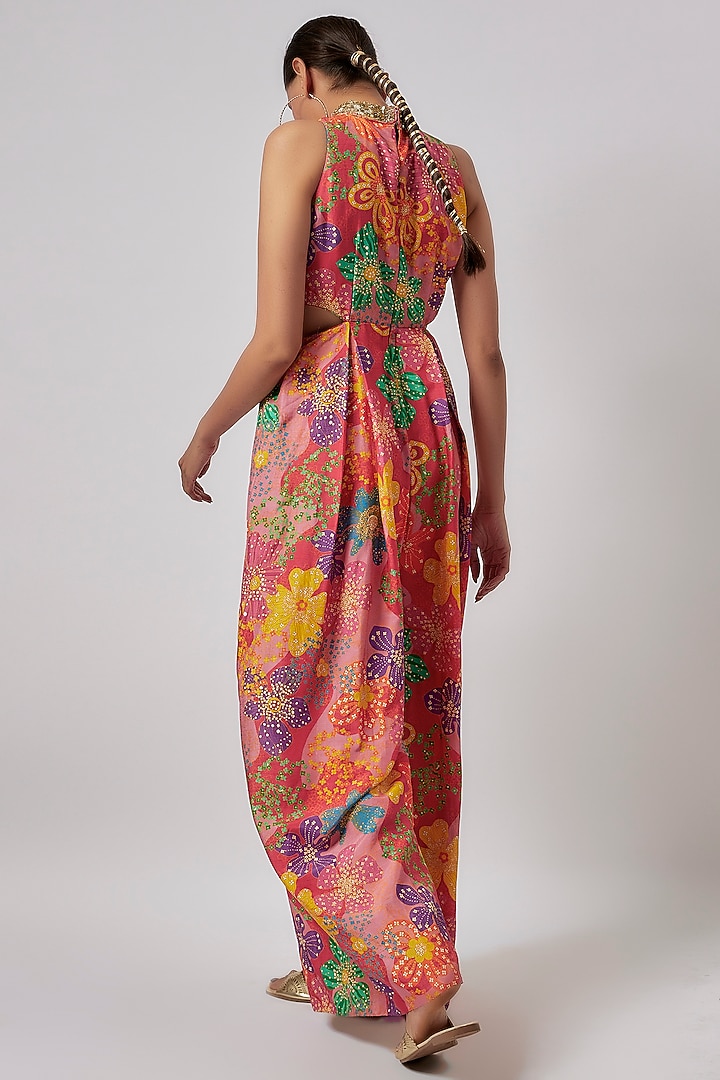 Red Raw Silk Printed & Hand Embroidered Jumpsuit by Taavare at Pernia's Pop Up Shop