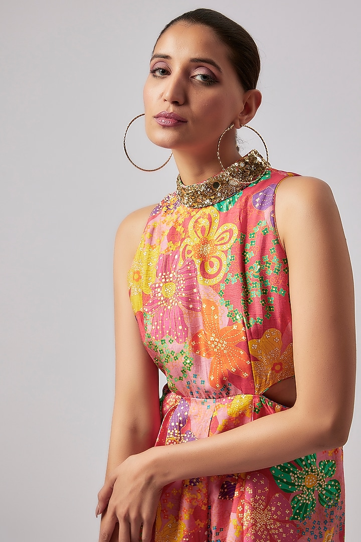 Red Raw Silk Printed & Hand Embroidered Jumpsuit by Taavare at Pernia's Pop Up Shop