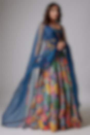 Blue Raw Silk Printed & Hand Embroidered Lehenga Set by Taavare