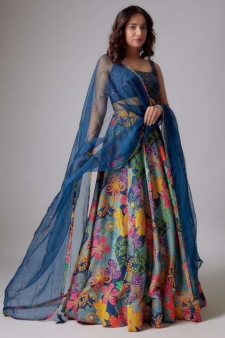 Blue Raw Silk Printed & Hand Embroidered Lehenga Set by Taavare