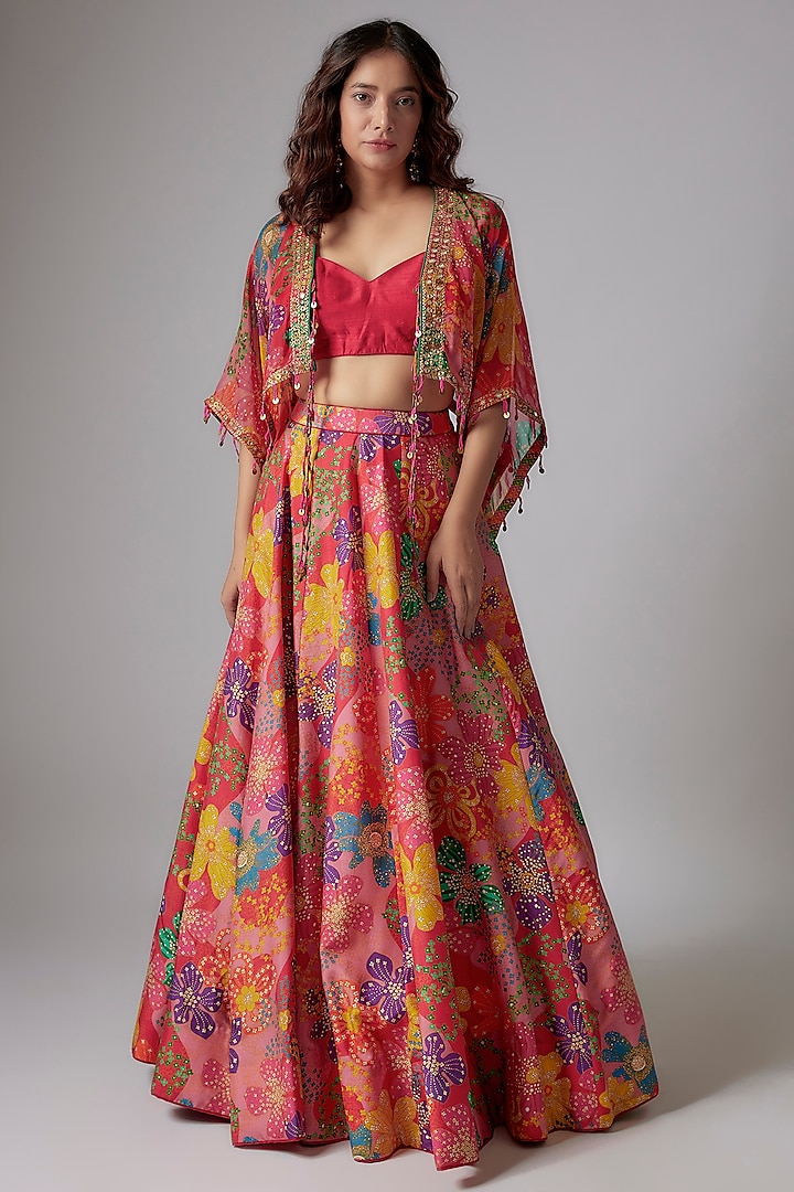 Red Raw Silk Printed & Hand Embroidered Jacket Lehenga Set by Taavare