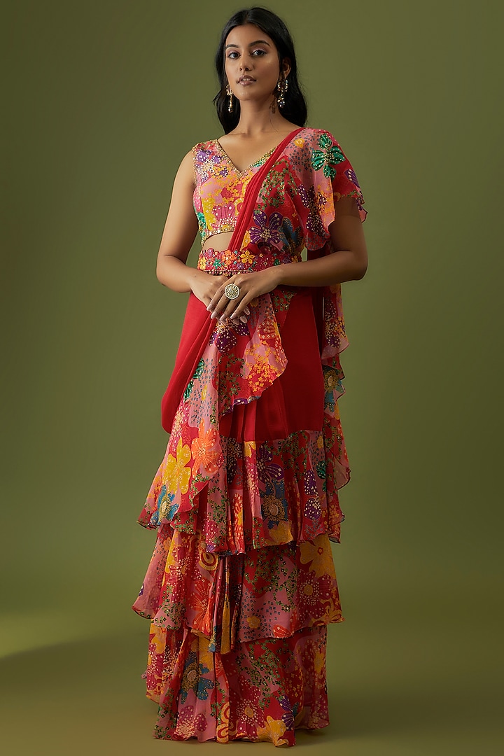 Red Chiffon & Organza Digital Printed Pre-Draped Saree Set by Taavare