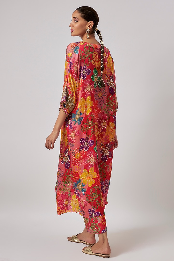 Red Satin Georgette Printed & Hand Embroidered Kaftan Set by Taavare at Pernia's Pop Up Shop