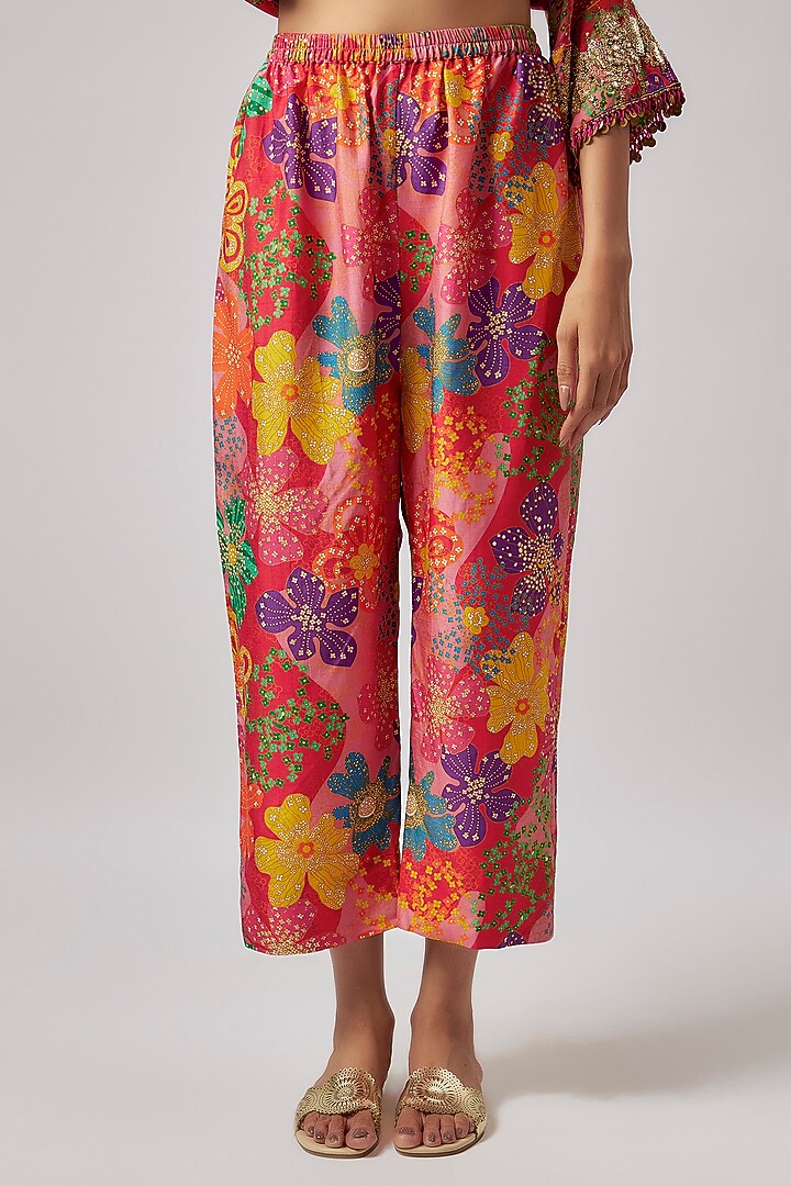 Red Satin Georgette Printed & Hand Embroidered Kaftan Set by Taavare at Pernia's Pop Up Shop