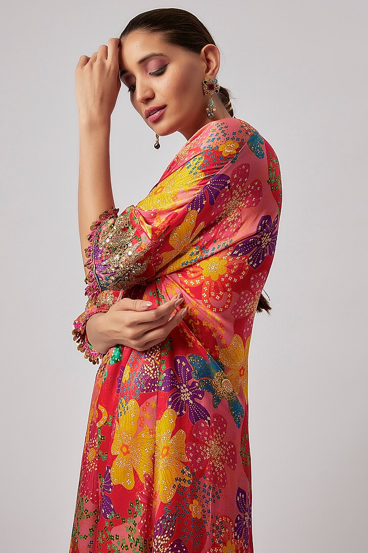 Red Satin Georgette Printed & Hand Embroidered Kaftan Set by Taavare at Pernia's Pop Up Shop