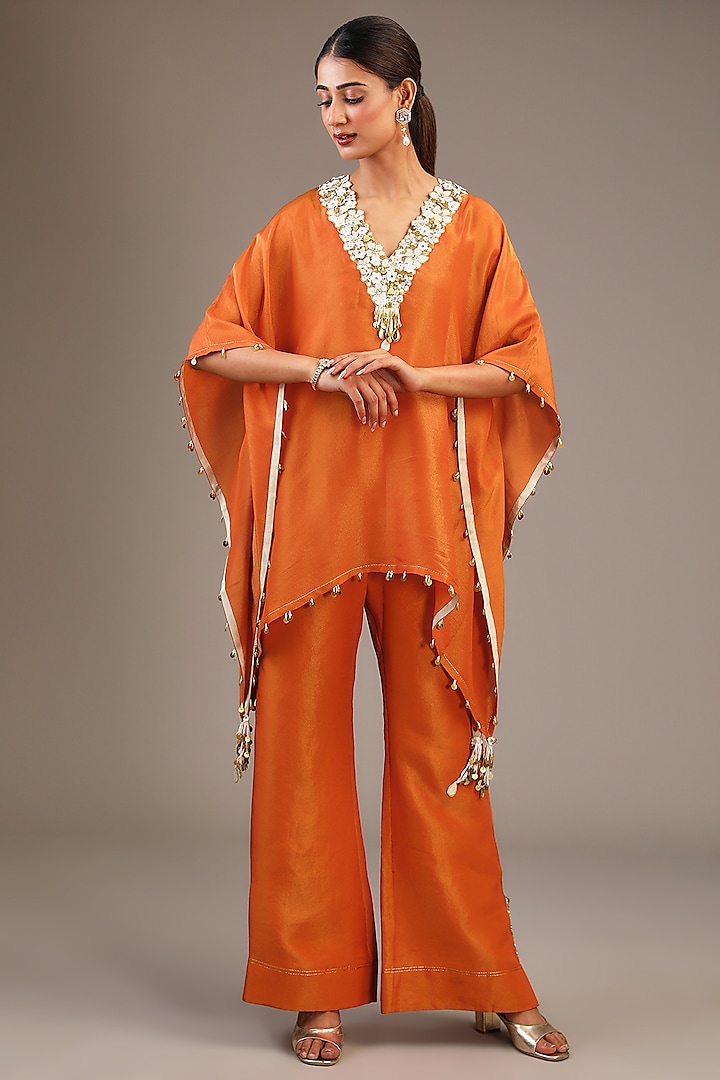 Orange Tissue Organza Floral Printed & Hand Embroidered Kaftan Set by Taavare at Pernia's Pop Up Shop