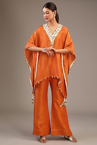 Orange Tissue Organza Floral Printed & Hand Embroidered Kaftan Set by Taavare