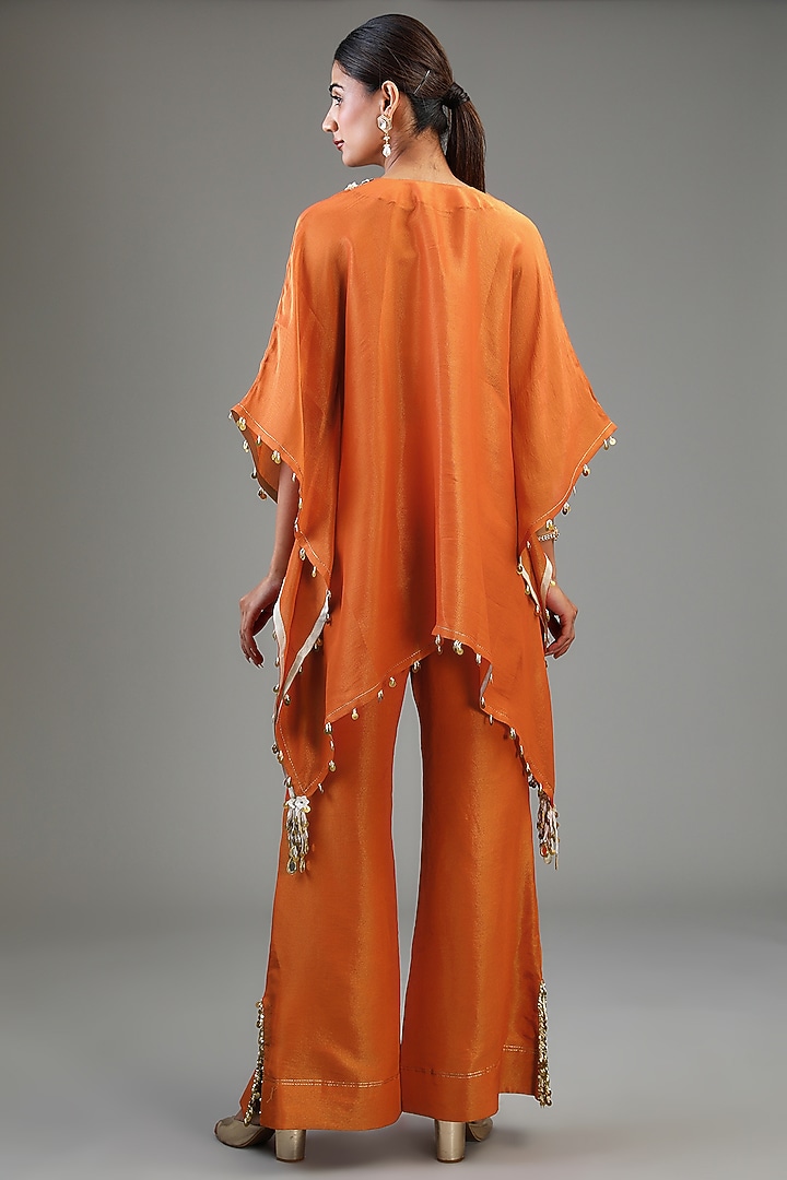 Orange Tissue Organza Floral Printed & Hand Embroidered Kaftan Set by Taavare at Pernia's Pop Up Shop