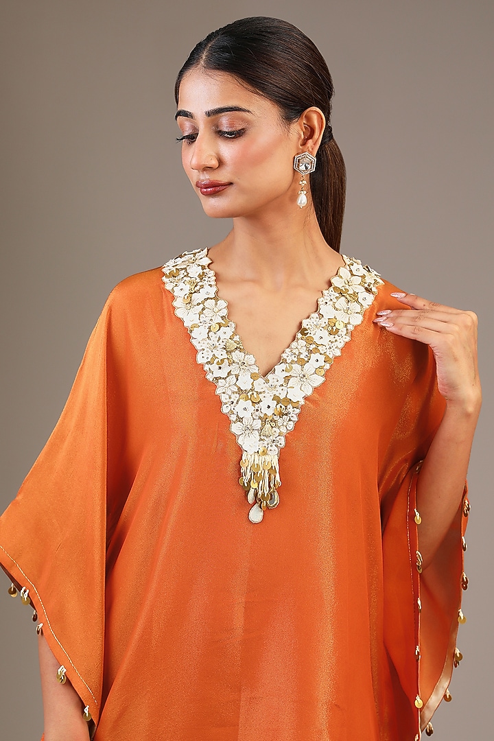 Orange Tissue Organza Floral Printed & Hand Embroidered Kaftan Set by Taavare at Pernia's Pop Up Shop