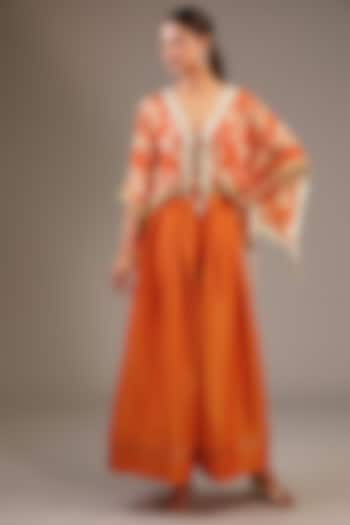 Orange Tissue Organza Floral Printed & Hand Embroidered Jumpsuit With Kaftan by Taavare