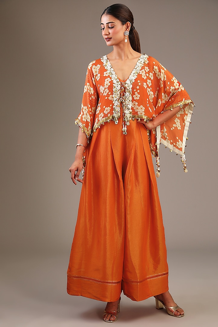 Orange Tissue Organza Floral Printed & Hand Embroidered Jumpsuit With Kaftan by Taavare