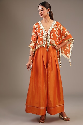 Orange Tissue Organza Floral Printed & Hand Embroidered Jumpsuit With Kaftan by Taavare