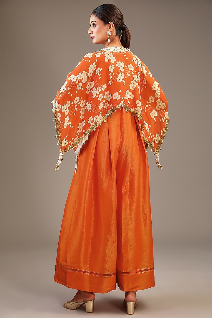 Orange Tissue Organza Floral Printed & Hand Embroidered Jumpsuit With Kaftan by Taavare at Pernia's Pop Up Shop