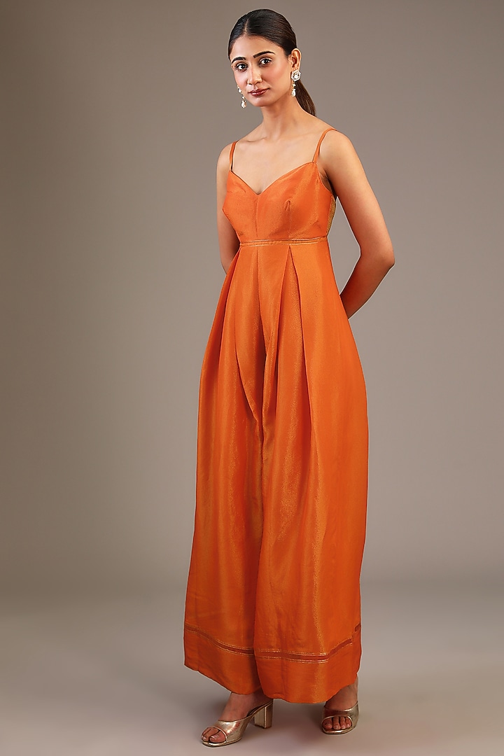 Orange Tissue Organza Floral Printed & Hand Embroidered Jumpsuit With Kaftan by Taavare at Pernia's Pop Up Shop