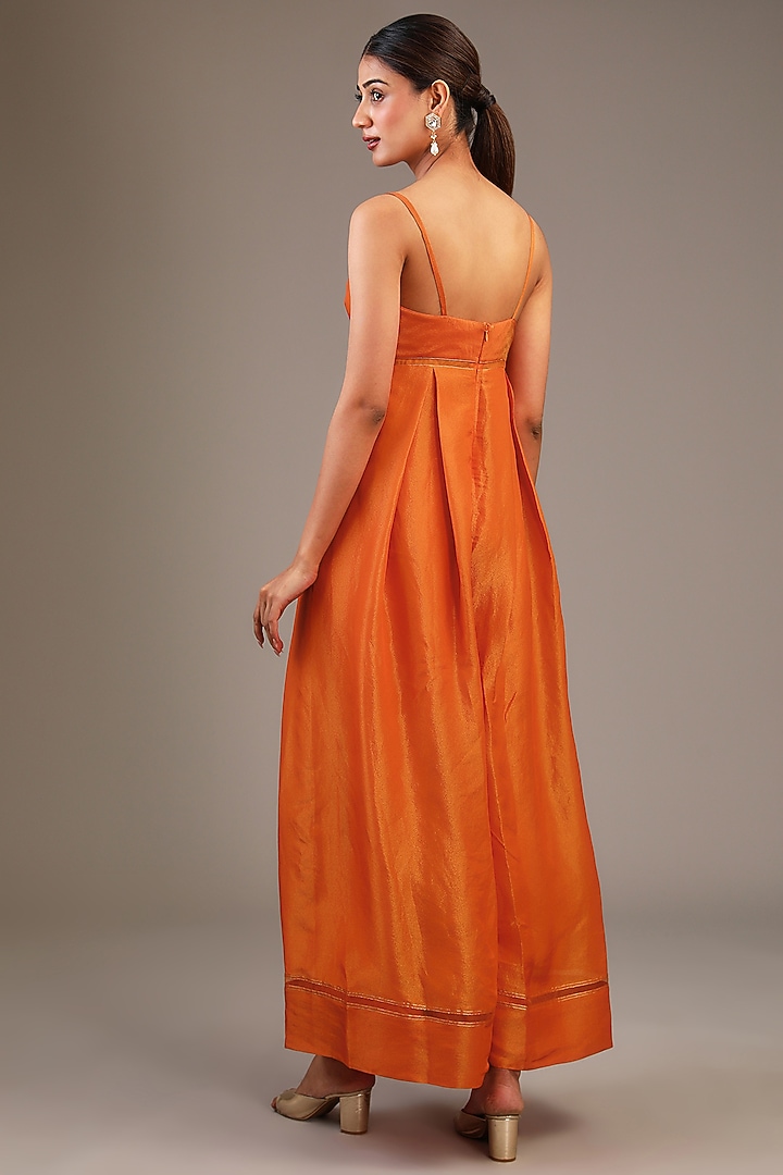Orange Tissue Organza Floral Printed & Hand Embroidered Jumpsuit With Kaftan by Taavare at Pernia's Pop Up Shop