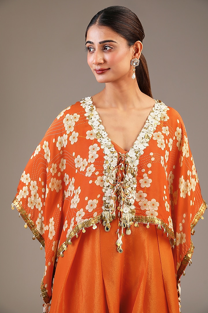 Orange Tissue Organza Floral Printed & Hand Embroidered Jumpsuit With Kaftan by Taavare at Pernia's Pop Up Shop
