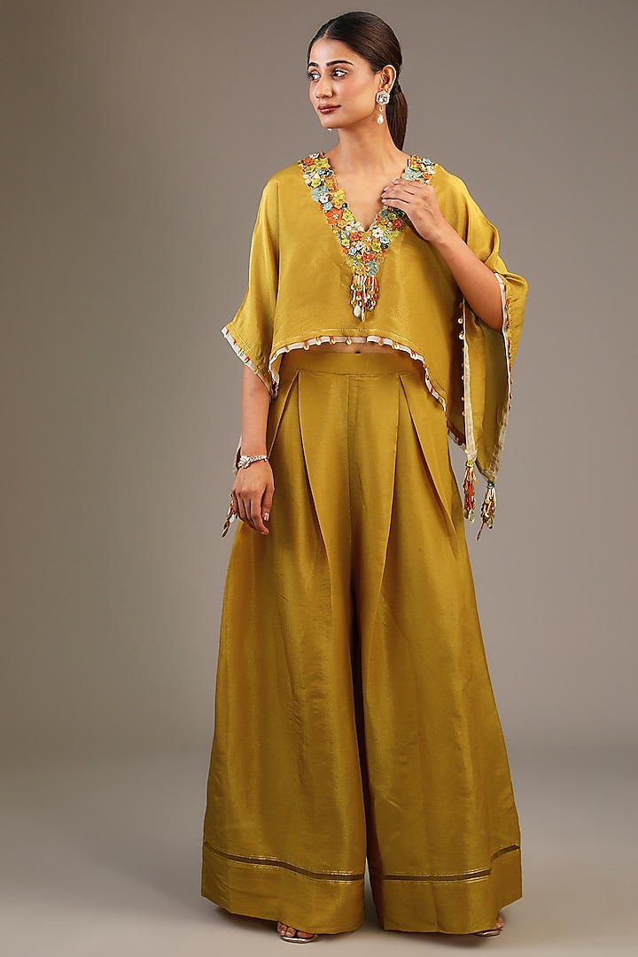 Gold Tissue Organza Aari Hand Embroidered Kaftan Set by Taavare at Pernia's Pop Up Shop