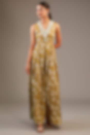 Gold Tissue Organza Floral Printed & Aari Hand Embroidered Jumpsuit by Taavare