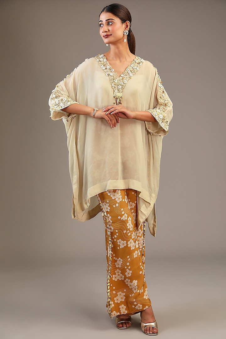 Off-White Viscose Organza Aari Hand Embroidered Kaftan Set by Taavare at Pernia's Pop Up Shop