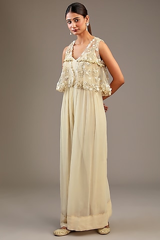 Off-WHite Chiffon & Tulle Aari Hand Embroidered Jumpsuit With Jacket by Taavare